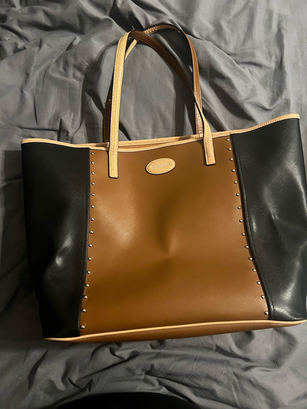 Coach Two-Tone Brown, Black & Cream Studded Tote